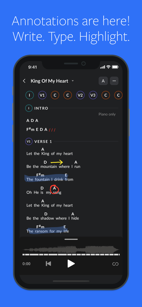 MultiTracks.com ChartBuilder - MultiTracks ChartBuilder app showing digital sheet music with handwritten annotations and highlights.