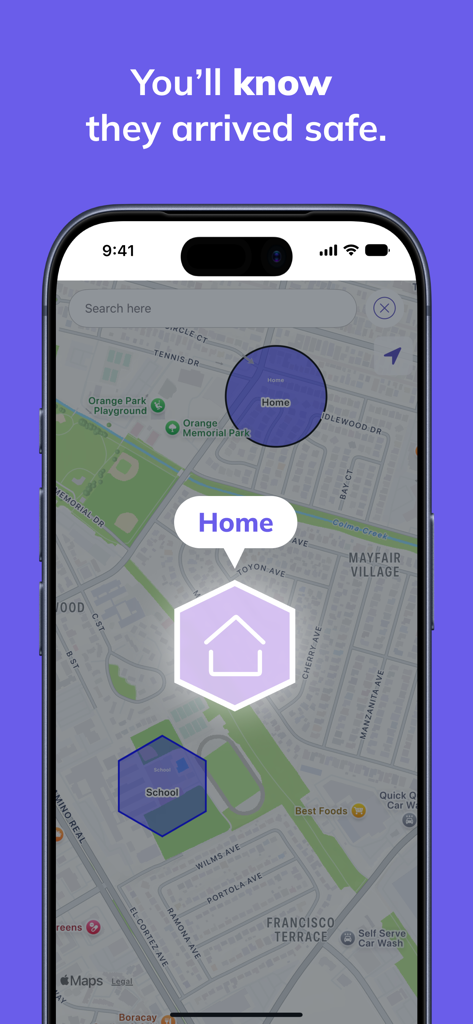 Tracker -Live Location Sharing - Interfaz de mapa que muestra zonas de geovallas circulares y poligonales para el hogar y la escuela para rastrear las llegadas de la familia