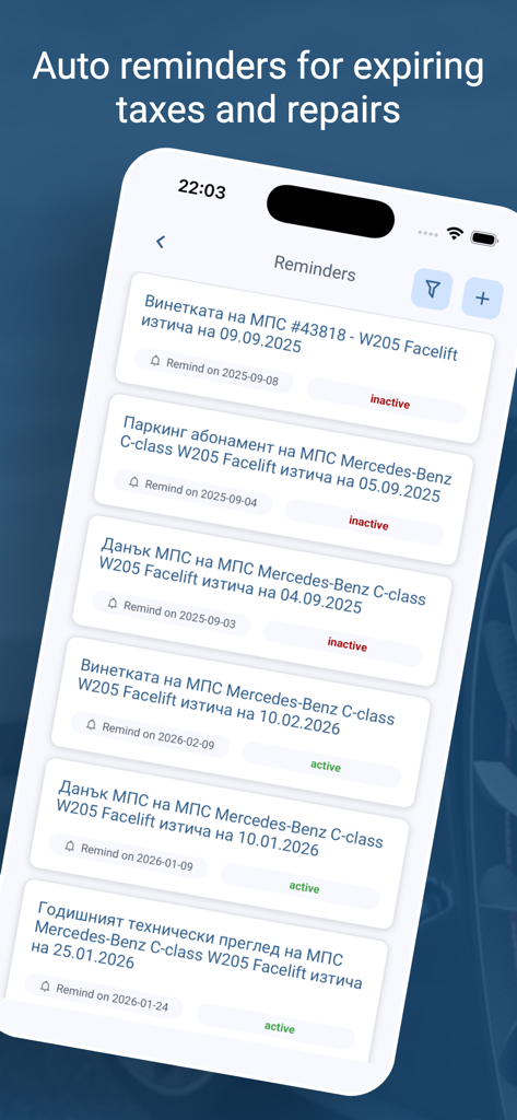 CarDiary - Expenses and fuel - CarDiaryアプリ画面。車両税金と修理の自動リマインダーが表示されています