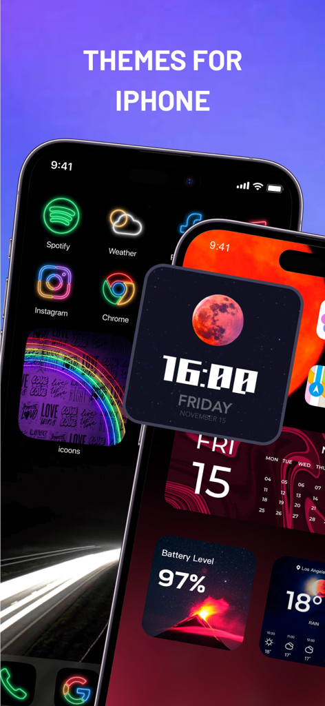Custom iPhone home screen with neon app icons and aesthetic widgets.