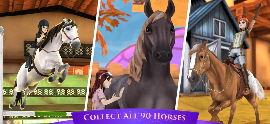 A collage showing show jumping horse care and riding with the text collect all 90 horses.