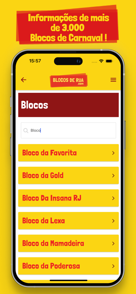 Blocos de Rua - Carnaval 2026 - Search screen of the Blocos de Rua app showing a list of Brazilian carnival blocks