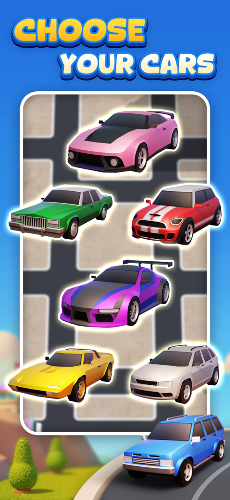 A menu featuring a variety of colorful 3D toy-style cars and SUVs available in the Road Hustle puzzle game.