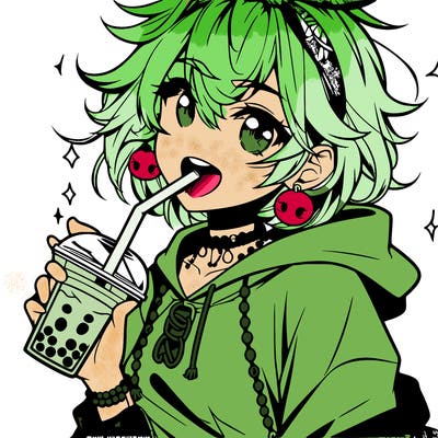 hot baddie anime girl drinking boba and biting the straw