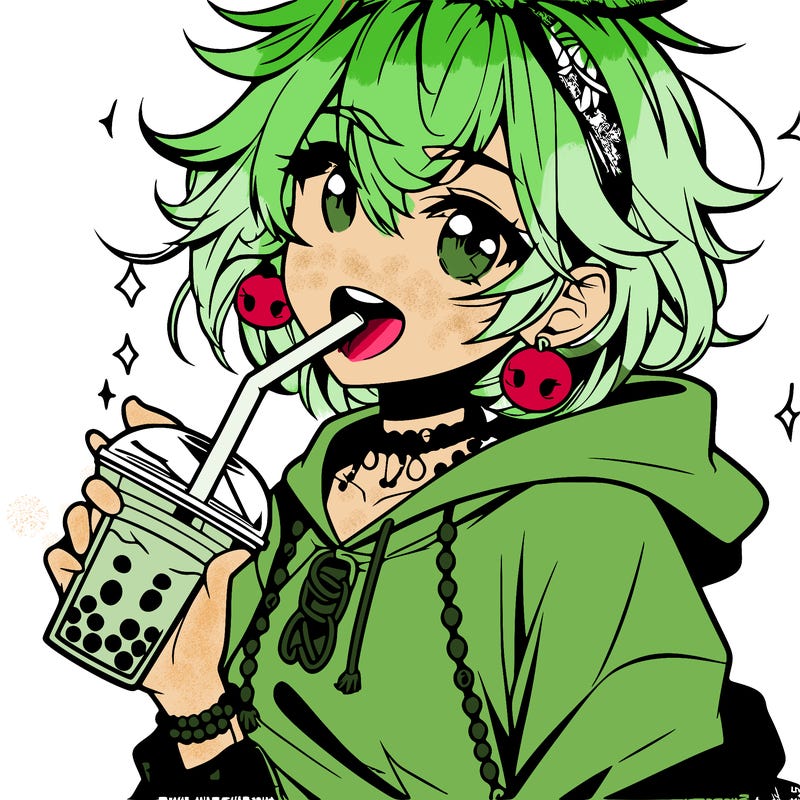 hot baddie anime girl drinking boba and biting the straw