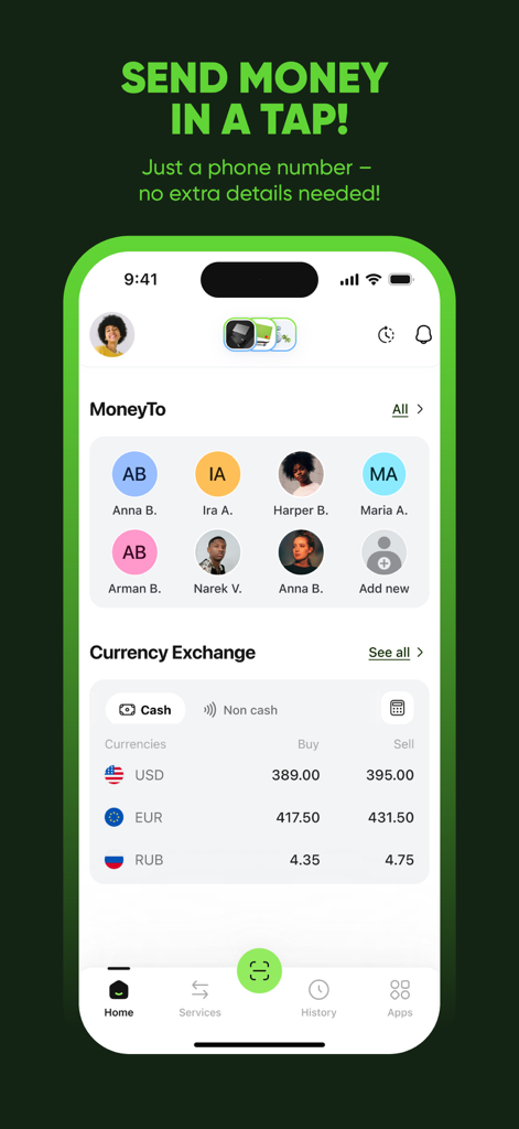 My Ameria - My Ameria app screen showing contact list for instant money transfers and current currency exchange rates