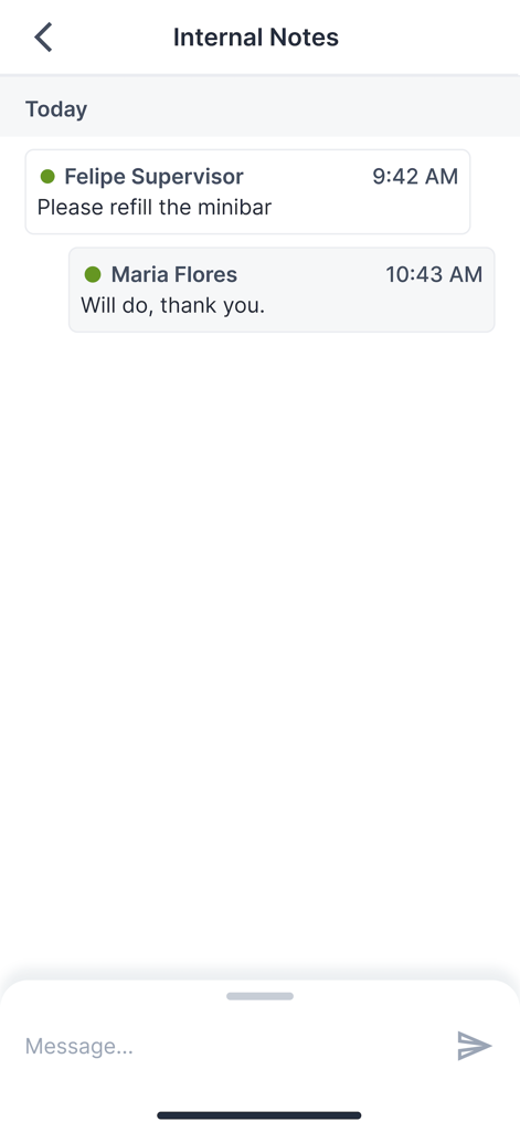 Alice by Actabl - Internal notes interface in the Alice by Actabl app showing hotel staff communication about refilling a minibar