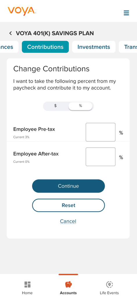 Voya - Voya app screen for adjusting 401k contribution percentages