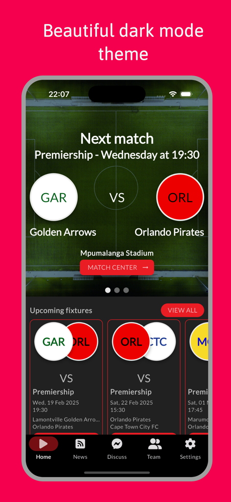 La aplicación de fútbol Pirates Live muestra los partidos en modo oscuro.