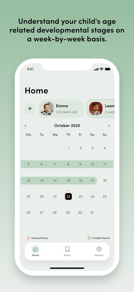 The Observant Mom - The Observant Mom app showing a child developmental milestone calendar with color-coded intense and irritable periods.