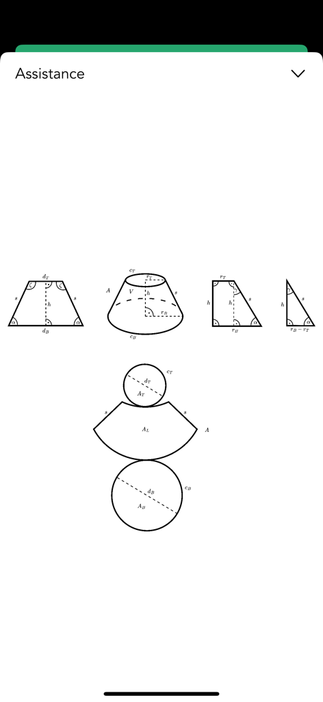 Geometrische Diagramme eines Kegelstumpfs mit mathematischen Bezeichnungen
