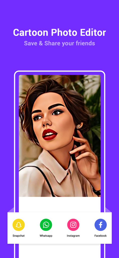 ToonApp - cartoons from photos - Interface of the ToonApp cartoon photo editor showing a vector art portrait and social media sharing buttons