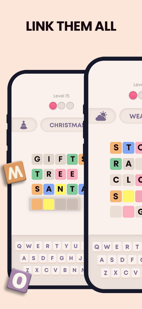 Word Wise association game interface showing word puzzles on two mobile phones.