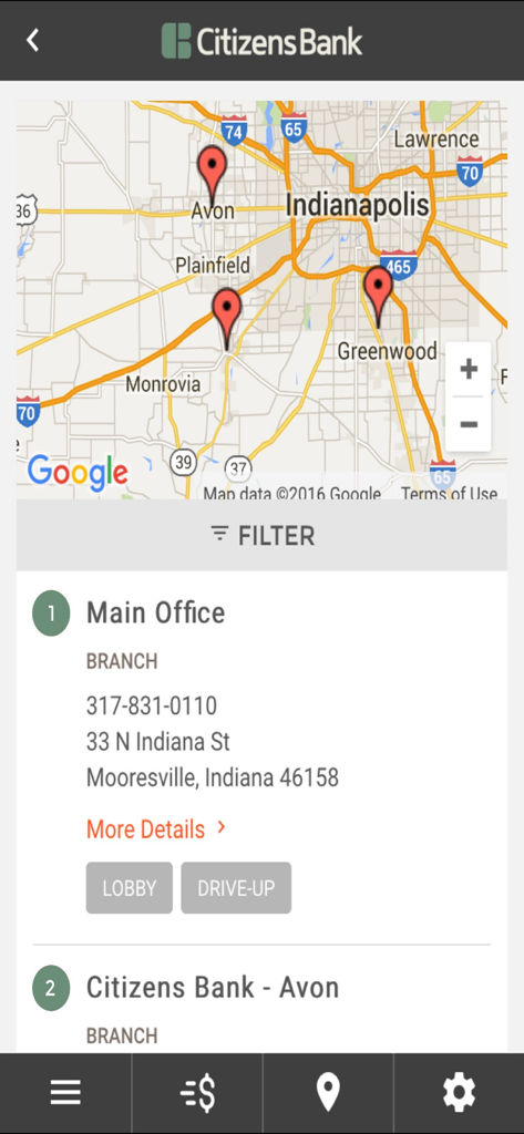 Citizens Bank (IN) - Map view in the Citizens Bank IN mobile app showing bank branch and ATM locations around the Indianapolis and Mooresville area.