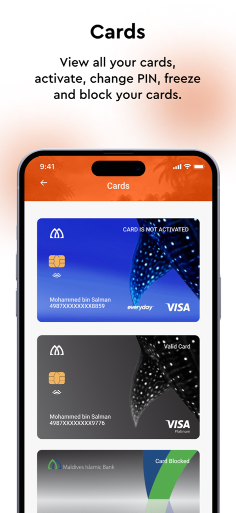 FaisaMobile by MIB - Interface of the FaisaMobile app showing Maldives Islamic Bank debit card management options including activation and blocking
