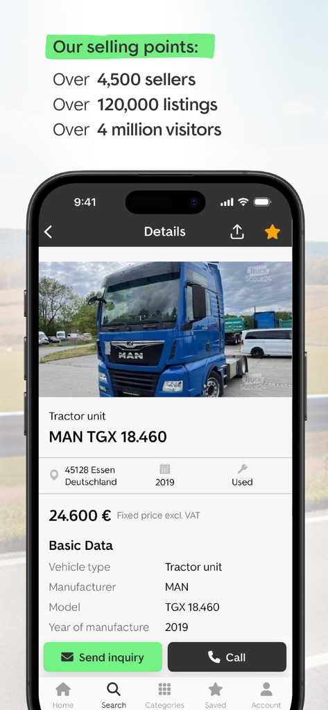 TruckScout24 - App mobile TruckScout24 che mostra un annuncio per un trattore stradale MAN TGX usato con prezzo e dettagli del veicolo