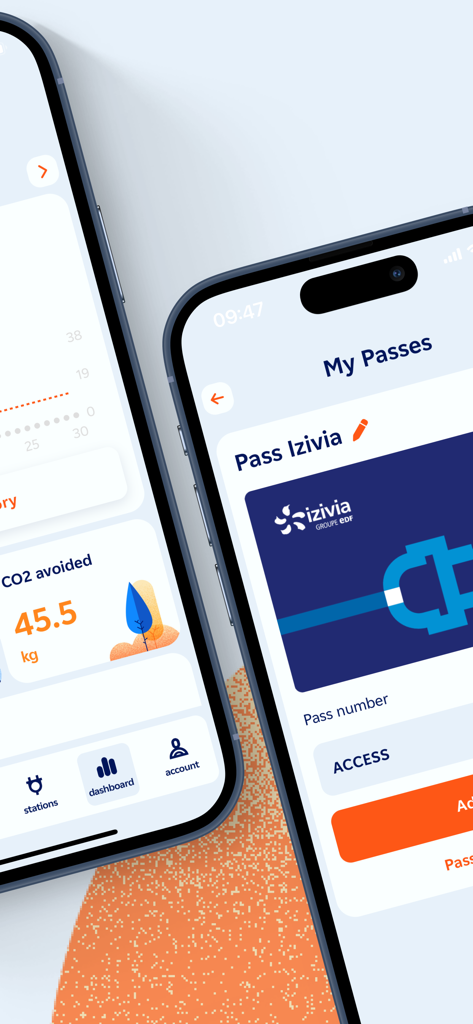 IZIVIA mobile app displaying a charging pass and CO2 avoided statistics