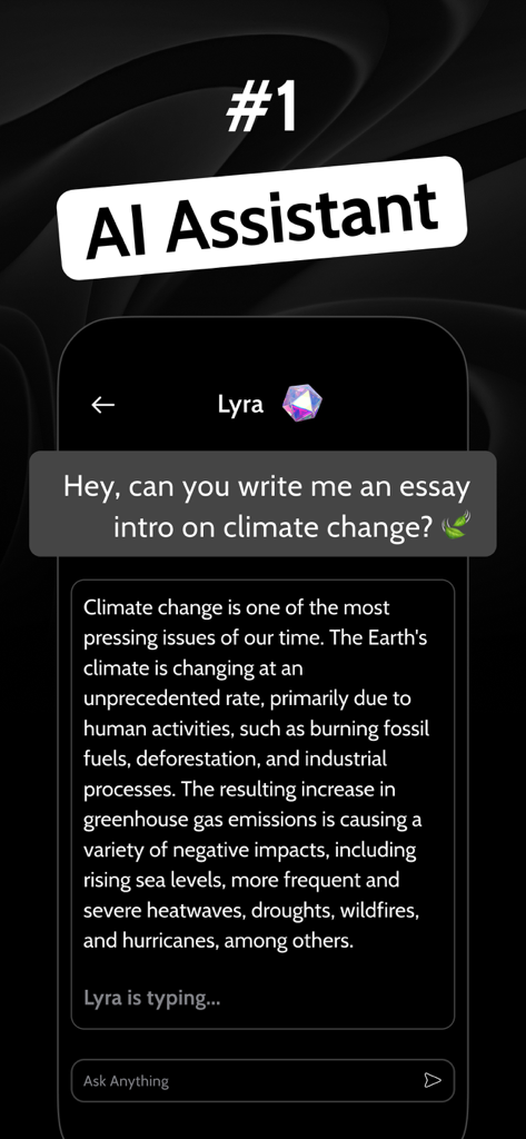 Lyra AI Chat Bot Ask & Assist - Lyra AI assistant app interface generating an essay introduction on climate change