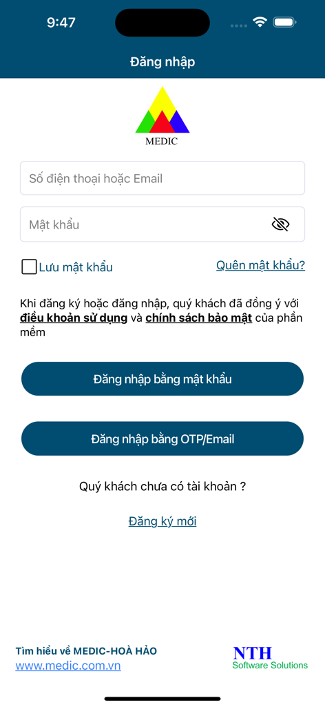 Medic Hoà Hảo - Khám bệnh - Login screen of the Medic Hoa Hao medical app for registration and appointment management