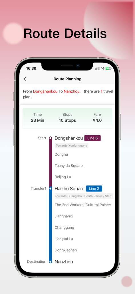 Guangzhou Metro Map app showing a planned route from Dongshankou to Nanzhou with travel time, stops, and transfer information.