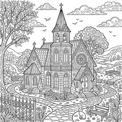 Discover peace and creativity with this beautiful church coloring page, nestled in a charming weekend landscape. Perfect for unwinding, it features detailed architecture, lush greenery, and a cozy atmosphere ready for your personal touch.