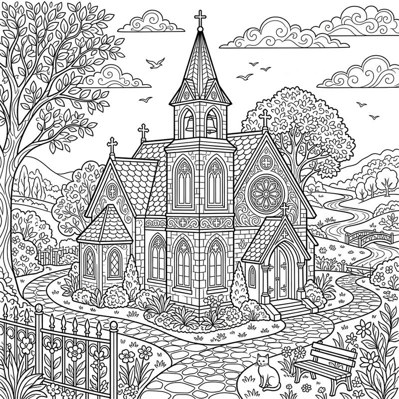 Discover peace and creativity with this beautiful church coloring page, nestled in a charming weekend landscape. Perfect for unwinding, it features detailed architecture, lush greenery, and a cozy atmosphere ready for your personal touch.