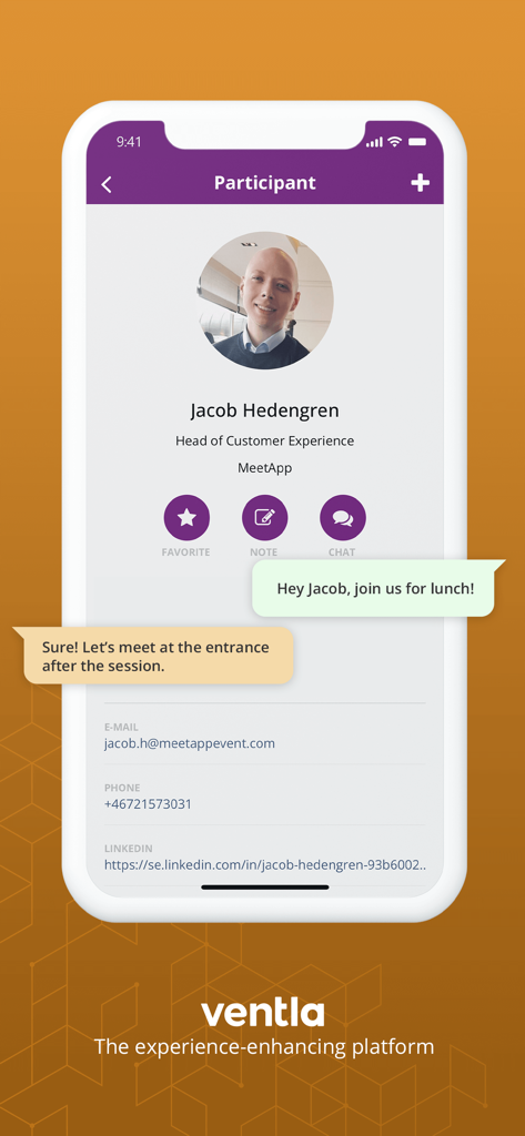 Ventla - ネットワーキング機能とチャットバブルが表示されているVentlaアプリの参加者プロフィール画面