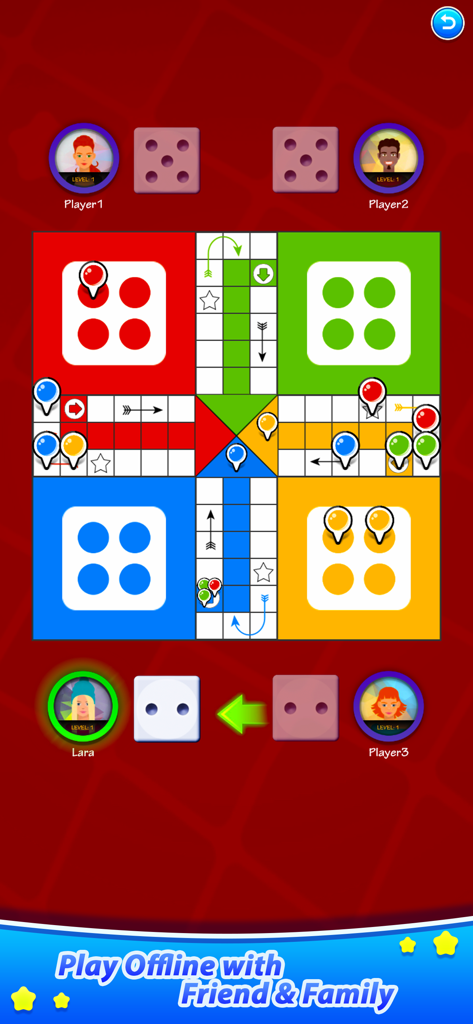 Gameplay screen of Ludo Stars showing a four player board game with colorful pawns and dice