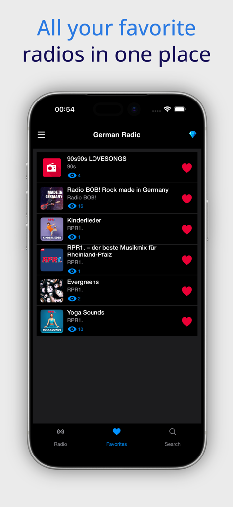 Interfaccia che mostra le stazioni radio preferite in Radio Tedesca Online