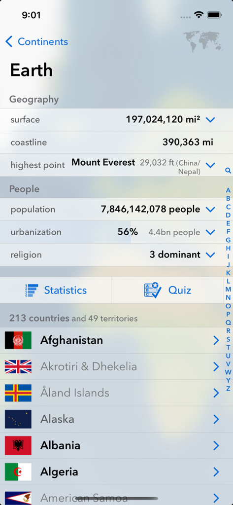 Main screen of Geography EDU app showing Earth statistics and country list