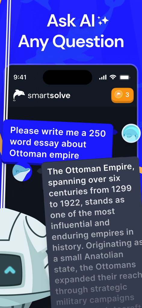 SmartSolve mobile app screen showing AI generating a history essay on the Ottoman Empire.