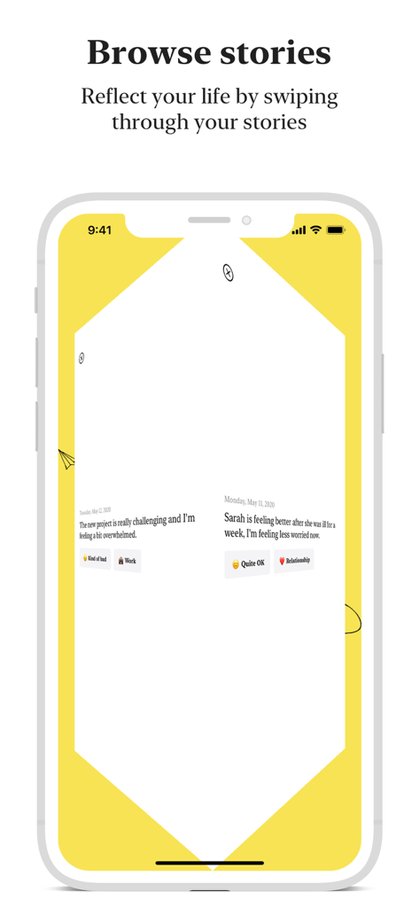 Private Journal: Punkt - A minimalist interface of the Punkt app showing users how to browse and swipe through their short journal entries.