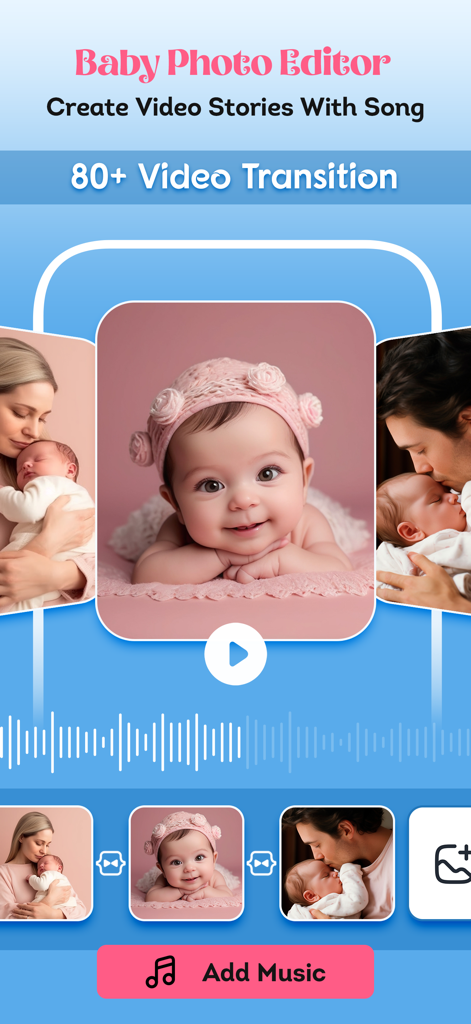 Baby Photo Editor & Story - Interfaz de la aplicación Baby Photo Editor que muestra la creación de historias en video con música y transiciones
