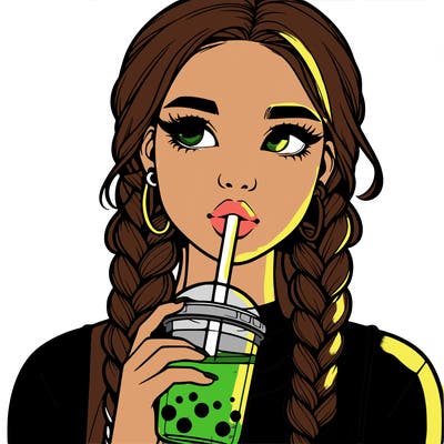 realistic girl with braided hair drinking boba