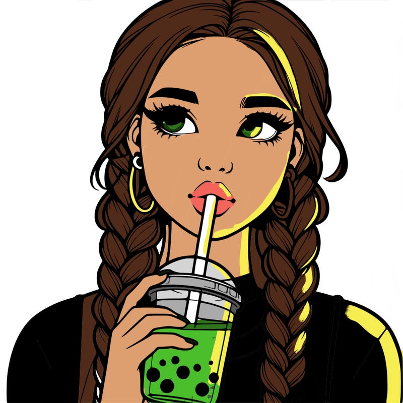 realistic girl with braided hair drinking boba