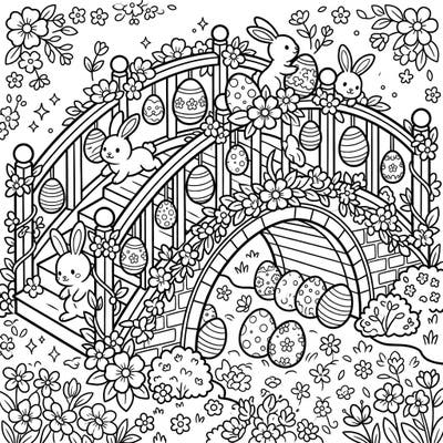 Celebrate Easter with this charming coloring page featuring a beautifully decorated bridge. Adorned with playful bunnies, vibrant Easter eggs, and delicate spring blossoms, it promises hours of creative fun.