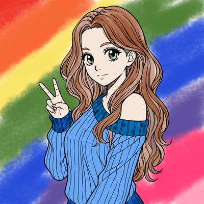 a girl with long hair. make only from her waist up showing and she is wearing g a sweater the is half off her shoulder. she needs to hold one peace sign. make her have no mouth, only have eyes. make her whole body facing the camera. and no black hair.