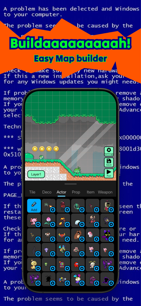 Builda: Create & Play Games - Buildaアプリのゲームエディタインターフェースが表示されているモバイル画面。2Dキャラクターとレベルデザインのグリッドが表示されている