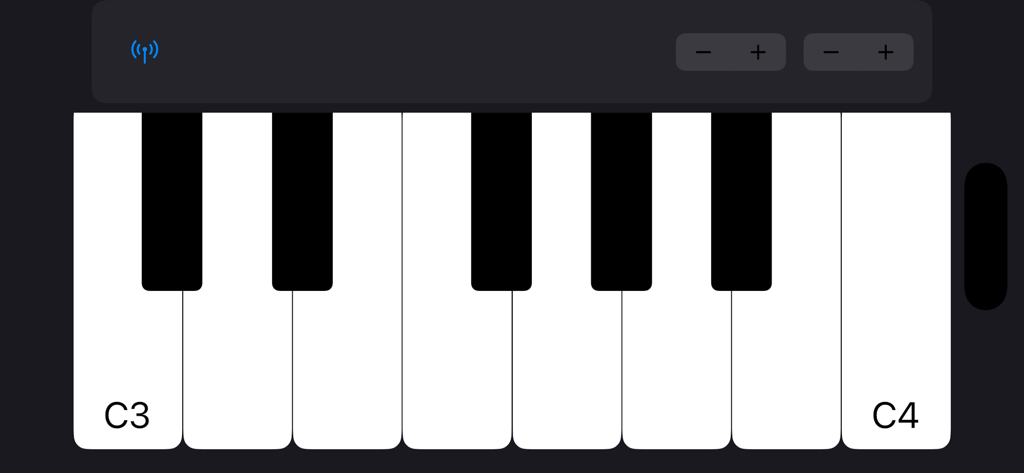Bluetooth Midi Keyboard - Interface de clavier de piano virtuel de l'application Clavier Midi Bluetooth montrant les touches de Do3 à Do4