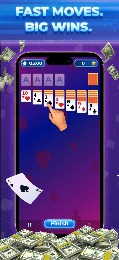 Solitaire Sprint mobile game interface showing a card match with falling hundred dollar bills and stacks of cash