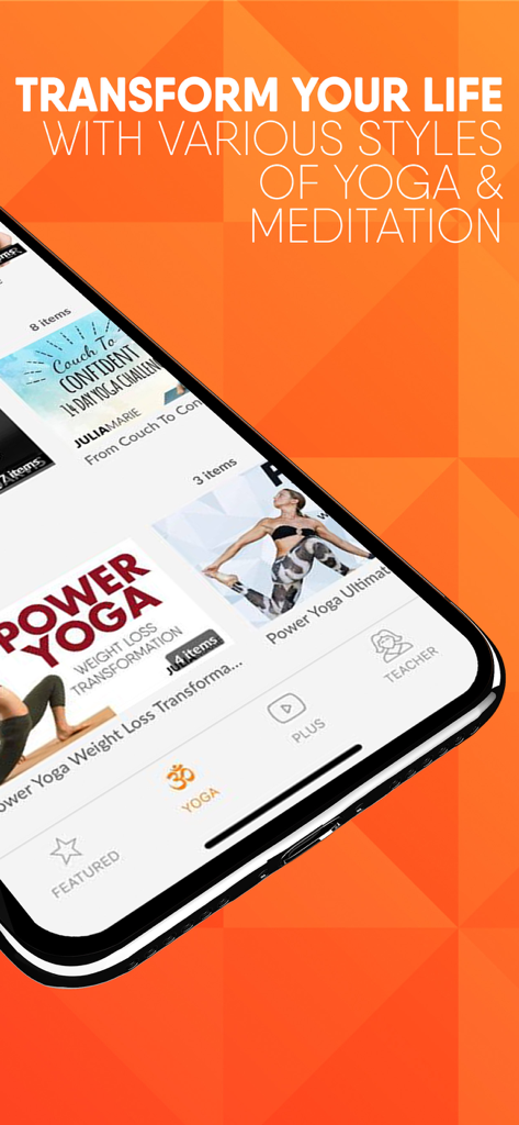 Yoga Plus by Psychetruth - Smartphone screen showing Yoga Plus app interface with various yoga and meditation styles