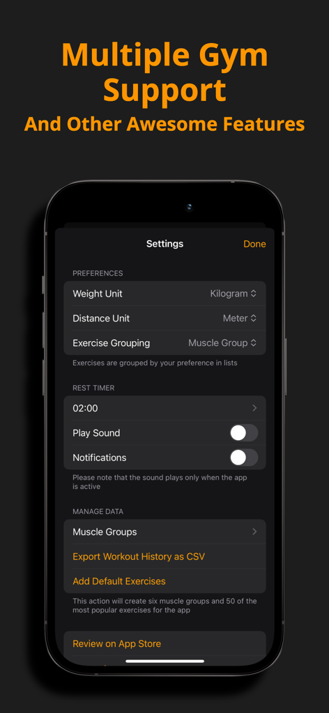 Gym Tracker Pro - Workout Log - Settings screen of the Gym Tracker Pro app showing workout preferences rest timer options and data management features.