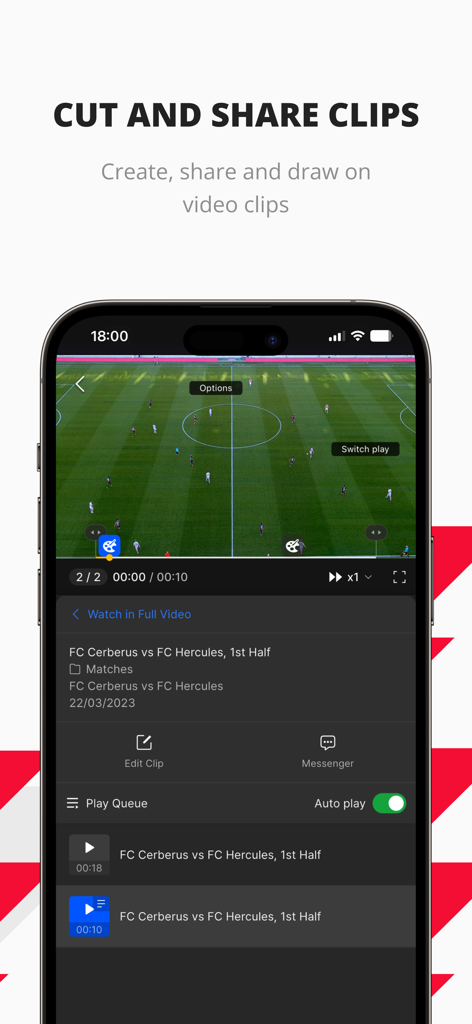 BEPRO Sports app interface for cutting and sharing soccer match video clips