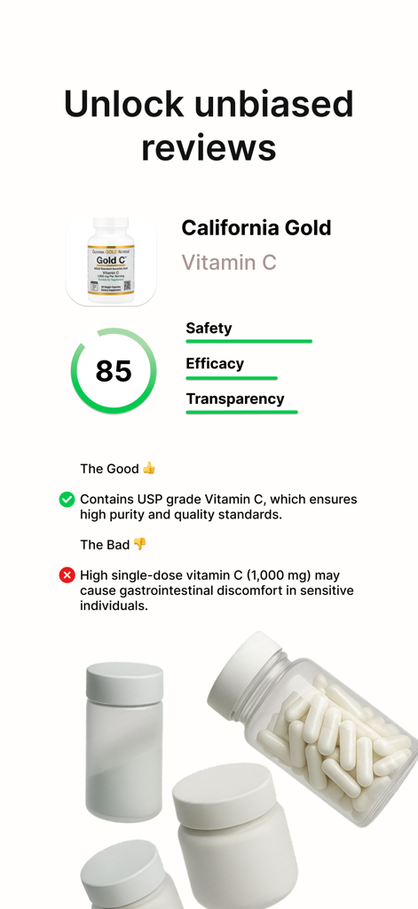 Suppi - Supplement Scanner - Suppi app interface showing a 85 safety and efficacy score for a Vitamin C supplement with pros and cons