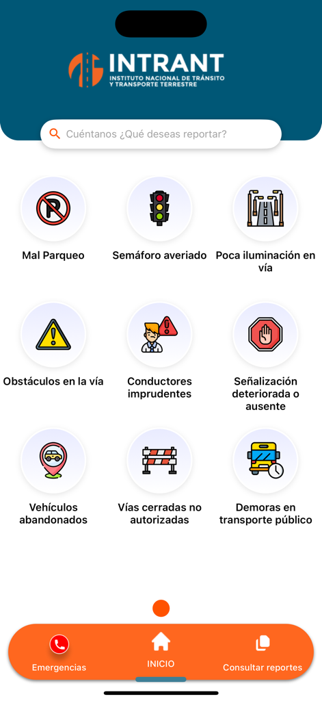 INTRANT RD - Oberfläche der INTRANT RD App mit Symbolen zur Meldung von Falschparkern, rücksichtslosen Fahrern und kaputten Ampeln.