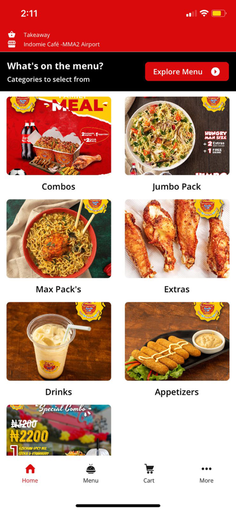 Indomie Cafe - Screenshot of the Indomie Cafe app menu showing food categories like combos jumbo packs and appetizers