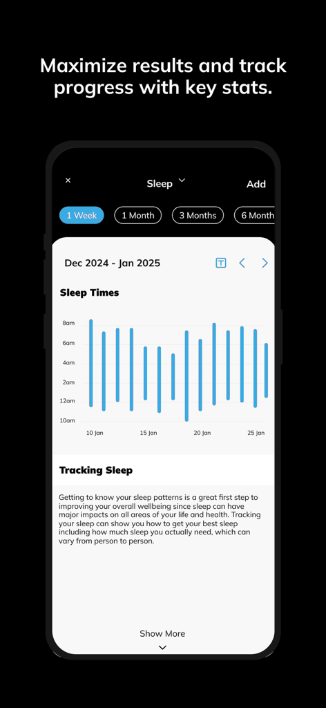 Courthouse Clubs - Mobile dashboard from the Courthouse Clubs app showing a bar chart of sleep times and health statistics