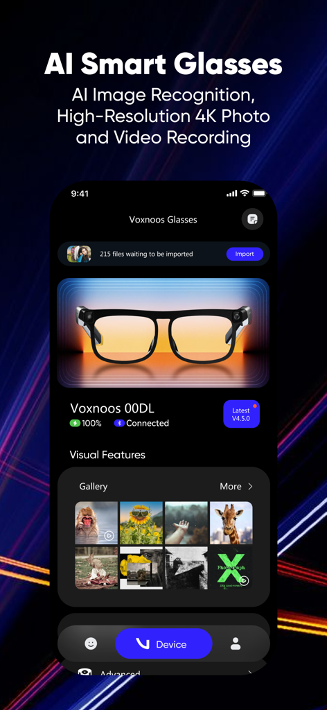 Voxnoosモバイルアプリインターフェース。AIスマートグラスの接続とフォトギャラリーを表示。