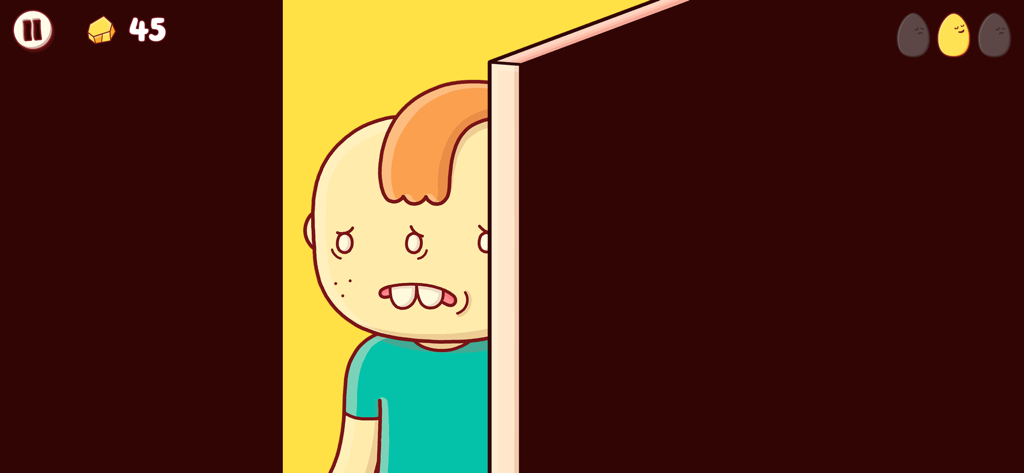 Gilbert the main character from the game Eggggg peeking out from behind a door