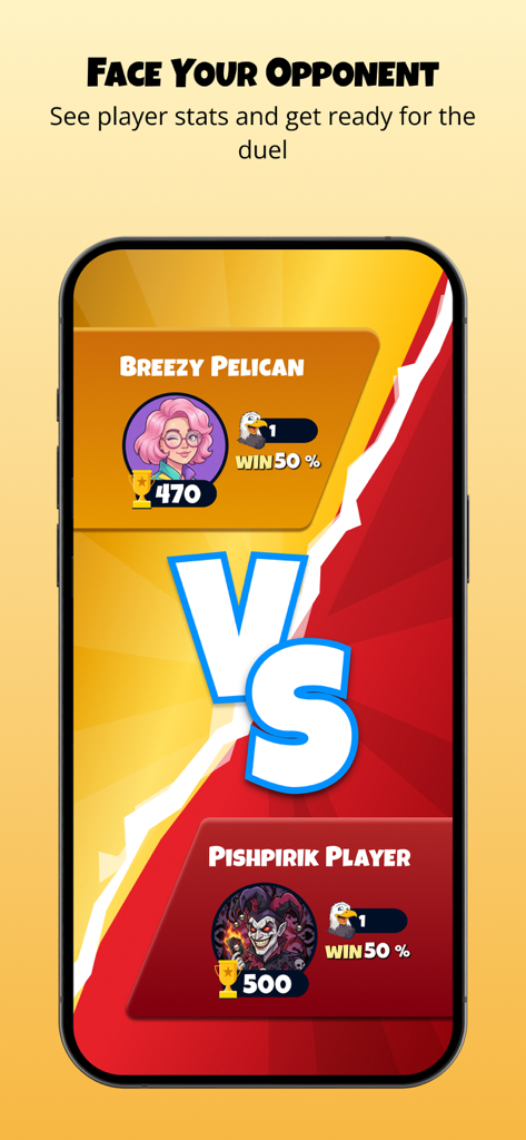 Pishpirik - Pantalla de enfrentamiento competitivo 1 contra 1 en la aplicación Pishpirik que muestra avatares de jugadores, puntuaciones ELO y tasas de victorias.